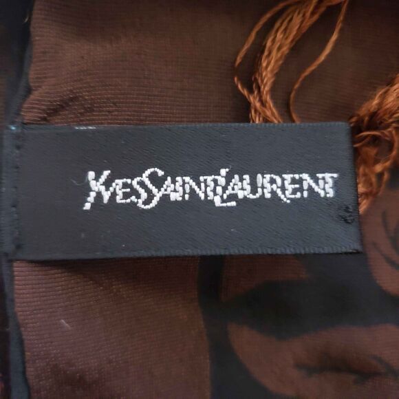 Vintage Yves Saint Laurent Silk Printed Scarf Brown‎ Black Floral Pashmina Shawl - Picture 7 of 8